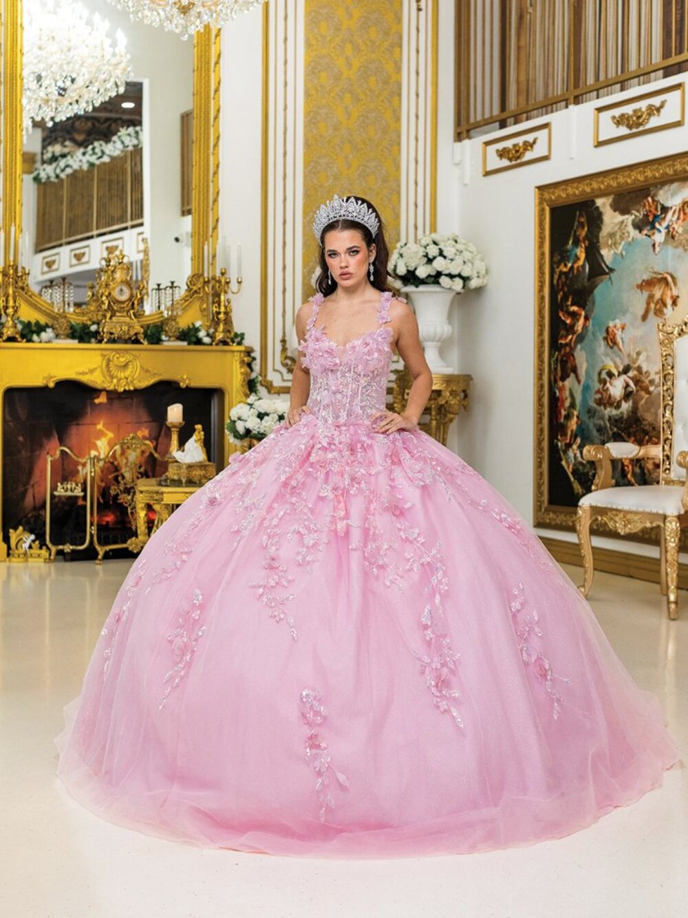 NEW PINK Embroidered V-Neck Quinceanera Ball Gown Floor Length 1948